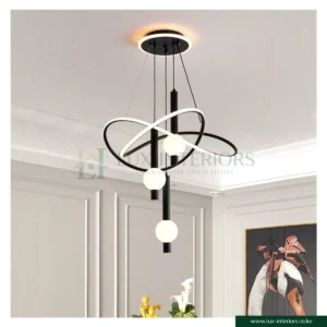 Luxury LED Chandelier – Swirl Frame with Crystal Ball Design – Black 3-Color Adjustable Height