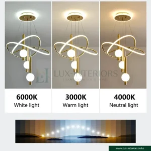 Luxury LED Chandelier – Swirl Frame with Crystal Ball Design – Gold 3-Color Adjustable Height