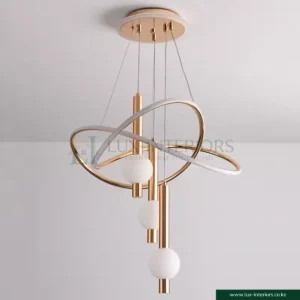 Luxury LED Chandelier – Swirl Frame with Crystal Ball Design – Gold 3-Color Adjustable Height