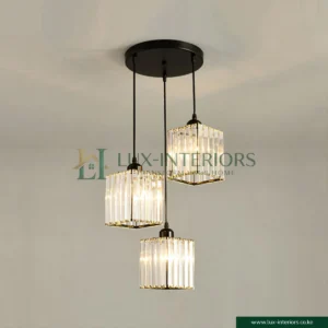 3 Hanging Crystal Chandelier Light with Adjustable Height, Black Circular Base for Living Room, Dining, & Restaurants