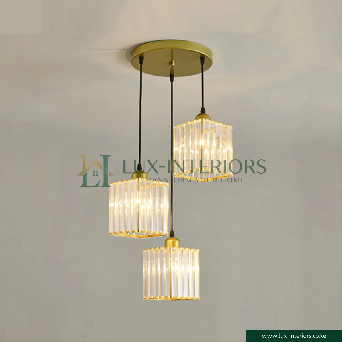 3 Hanging Crystal Chandelier Light with Adjustable Height, Gold Circular Base for Living Room, Dining, & Restaurants