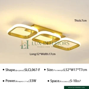 3-in-1 LED Ceiling Light – Modern Gold Triple-Square Flush Mount with Acrylic Diffuser – 3-Color Dimmable Indoor Fixture