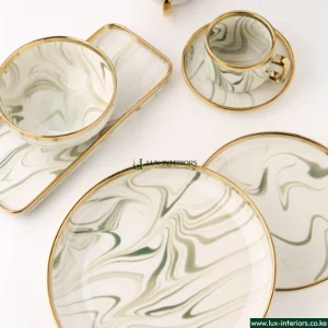 Lux-Interiors Dinnerware Set – 32-Piece White & Gold with Black Marble Accents – Elegant Plates, Bowls & Cups for Home Dining