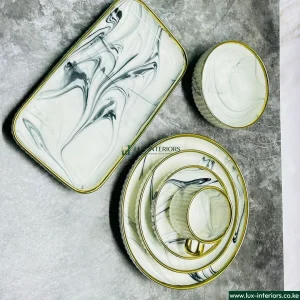 Lux-Interiors Dinnerware Set – 32-Piece White & Gold with Black Marble Accents – Elegant Plates, Bowls & Cups for Home Dining