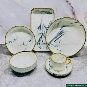 Lux-Interiors Dinnerware Set – 32-Piece White & Gold with Black Marble Accents – Elegant Plates, Bowls & Cups for Home Dining