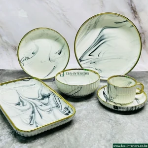 Lux-Interiors Dinnerware Set – 32-Piece White & Gold with Black Marble Accents – Elegant Plates, Bowls & Cups for Home Dining