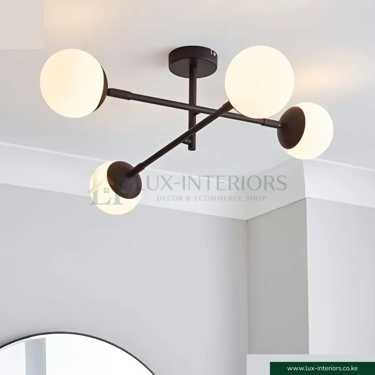 Semi-Flush Ceiling Light – 4-Light Black Fixture with Opal Glass Globes for Soft Even Illumination