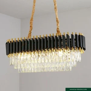 Crystal Chandelier – Modern Black & Gold Rectangular Design for Luxury Ambient Lighting – Indoor Dining & Living Room Fixture
