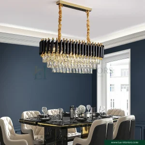 Crystal Chandelier – Modern Black & Gold Rectangular Design for Luxury Ambient Lighting – Indoor Dining & Living Room Fixture