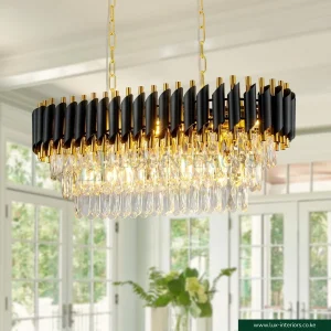 Crystal Chandelier – Modern Black & Gold Rectangular Design for Luxury Ambient Lighting – Indoor Dining & Living Room Fixture