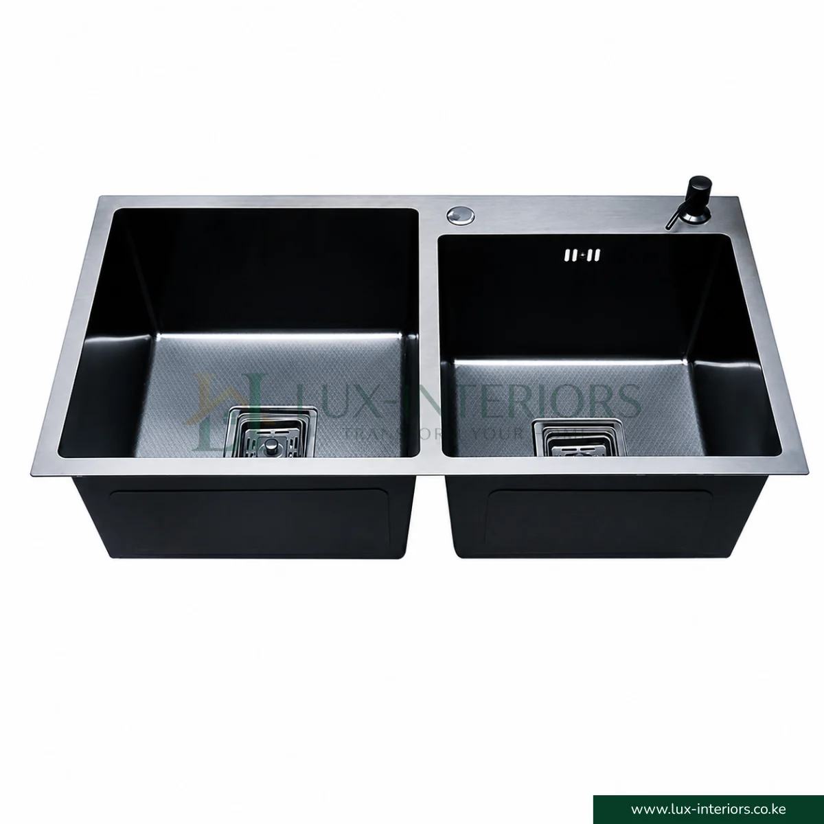 Double Bowl Kitchen Sink – Gun Grey Stainless Steel with Integrated Soap Dispenser