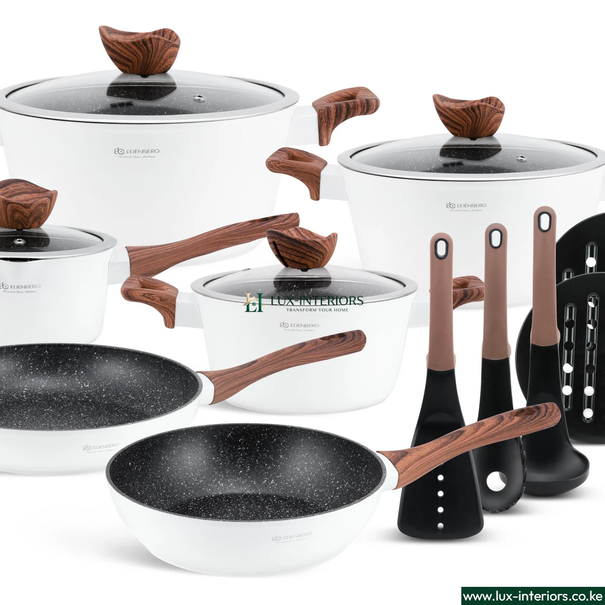 Edenburg Granite Marble Cookware Set – White 15-Piece Non-Stick Pots & Pans with Durable Stone Coating – Modern Home Kitchen Set - Image 2