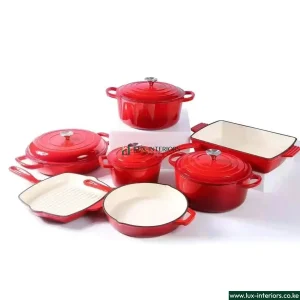 Enamel Cast Iron Cookware Set – 11-Piece Red Cooking Pots & Casseroles for Stovetop & Oven – Durable Kitchen Essentials