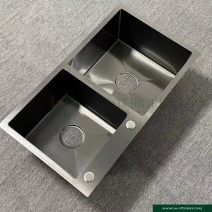 Double Bowl Kitchen Sink – Gun Grey Stainless Steel with Integrated Soap Dispenser