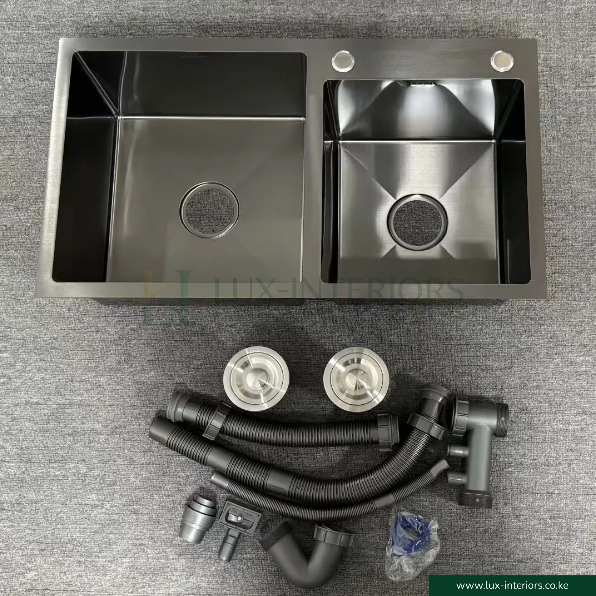 Double Bowl Kitchen Sink – Gun Grey Stainless Steel with Integrated Soap Dispenser - Image 3