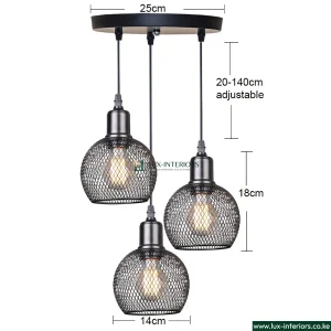 Industrial Pendant Light – 3-Light Black Metal Cage Design with Circular Base – Indoor Kitchen, Dining & Living Room Fixture