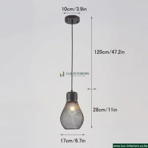 Industrial Pendant Light – Black Metal Cage Design for Ambient Lighting – Indoor Kitchen, Dining & Living Room Fixture