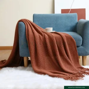 Knitted Throw Blanket – Soft Textured Weave with Decorative Tassel Edges – Cozy Sofa & Bed Accent - Brown