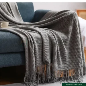 Knitted Throw Blanket – Soft Textured Weave with Decorative Tassel Edges – Cozy Sofa & Bed Accent - Gray