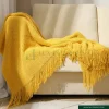 Knitted Throw Blanket – Soft Textured Weave with Decorative Tassel Edges – Cozy Sofa & Bed Accent - Yellow