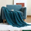 Knitted Throw Blanket – Soft Textured Weave with Decorative Tassel Edges – Cozy Sofa & Bed Accent - Blue