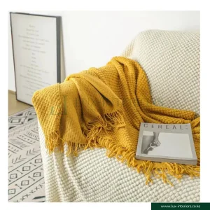 Knitted Throw Blanket – Soft Textured Weave with Decorative Tassel Edges – Cozy Sofa & Bed Accent - Mustard