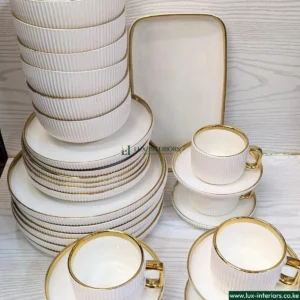 Lux-Interiors Dinnerware Set – 32-Piece White & Gold Plates, Bowls & Cups – Elegant Tableware for Home Dining & Special Occasions