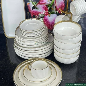 Lux-Interiors Dinnerware Set – 32-Piece White & Gold Plates, Bowls & Cups – Elegant Tableware for Home Dining & Special Occasions