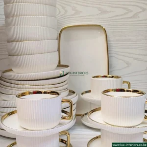 Lux-Interiors Dinnerware Set – 32-Piece White & Gold Plates, Bowls & Cups – Elegant Tableware for Home Dining & Special Occasions
