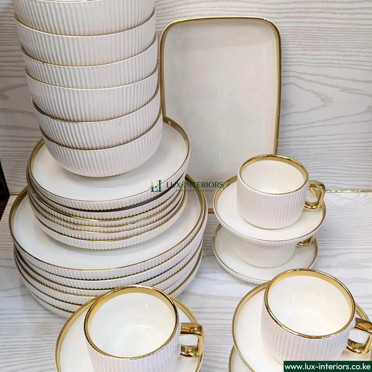 Lux-Interiors Dinnerware Set – 32-Piece White & Gold Plates, Bowls & Cups – Elegant Tableware for Home Dining & Special Occasions - Image 5