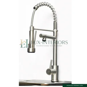 Lux-Interiors Kitchen Faucet – Brushed Nickel High-Arch Spring Design with Pull-Down Sprayer – Dual Spout 360° Swivel Mixer Tap
