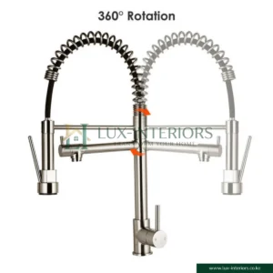 Lux-Interiors Kitchen Faucet – Brushed Nickel High-Arch Spring Design with Pull-Down Sprayer – Dual Spout 360° Swivel Mixer Tap