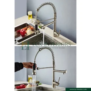 Lux-Interiors Kitchen Faucet – Brushed Nickel High-Arch Spring Design with Pull-Down Sprayer – Dual Spout 360° Swivel Mixer Tap