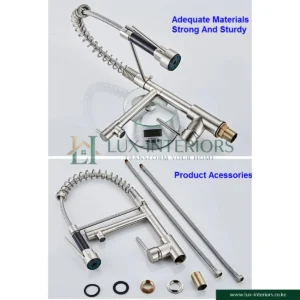 Lux-Interiors Kitchen Faucet – Brushed Nickel High-Arch Spring Design with Pull-Down Sprayer – Dual Spout 360° Swivel Mixer Tap