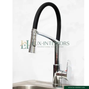 Lux-Interiors Kitchen Mixer Tap – Single-Lever Chrome Faucet with Flexible Black Spout, Stream & Spray Nozzle – 360° Swivel Kitchen Sink Tap