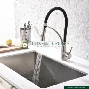 Lux-Interiors Kitchen Mixer Tap – Single-Lever Chrome Faucet with Flexible Black Spout, Stream & Spray Nozzle – 360° Swivel Kitchen Sink Tap