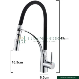 Lux-Interiors Kitchen Mixer Tap – Single-Lever Chrome Faucet with Flexible Black Spout, Stream & Spray Nozzle – 360° Swivel Kitchen Sink Tap