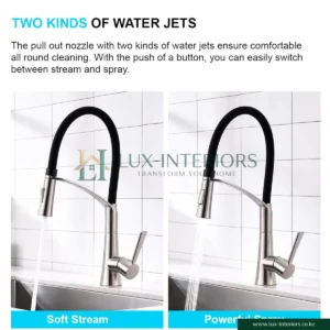 Lux-Interiors Kitchen Mixer Tap – Single-Lever Chrome Faucet with Flexible Black Spout, Stream & Spray Nozzle – 360° Swivel Kitchen Sink Tap