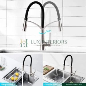 Lux-Interiors Kitchen Mixer Tap – Single-Lever Chrome Faucet with Flexible Black Spout, Stream & Spray Nozzle – 360° Swivel Kitchen Sink Tap