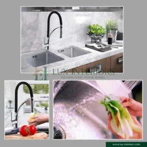 Lux-Interiors Kitchen Mixer Tap – Single-Lever Chrome Faucet with Flexible Black Spout, Stream & Spray Nozzle – 360° Swivel Kitchen Sink Tap