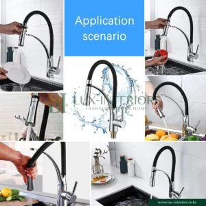 Lux-Interiors Kitchen Mixer Tap – Single-Lever Chrome Faucet with Flexible Black Spout, Stream & Spray Nozzle – 360° Swivel Kitchen Sink Tap