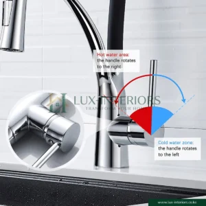 Lux-Interiors Kitchen Mixer Tap – Single-Lever Chrome Faucet with Flexible Black Spout, Stream & Spray Nozzle – 360° Swivel Kitchen Sink Tap