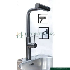 Lux-Interiors Kitchen Mixer Tap – Premium Gun Grey Left-On Pull-Down Spout with 360° Swivel – Single-Handle Industrial Style Faucet