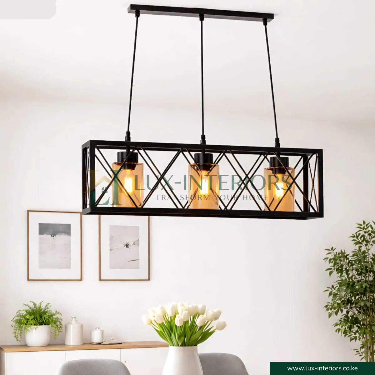 Modern Industrial Pendant Light Chandelier – Open Cage Rectangular Frame for Kitchen or Dining – 3-Light Matte Black