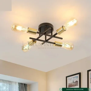 Semi-Flush Ceiling Light – 4-Light Modern Farmhouse Matte Black-Gold Sputnik Design – Living Room & Bedroom Rustic Fixture