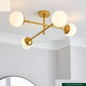 Semi-Flush Ceiling Light Fixture – Modern Gold Metal Frame with White Glass Shade – Indoor Living & Bedroom Fixture