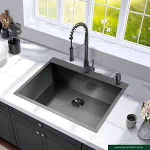 Single Bowl Kitchen Sink – Black Finish Stainless Steel with Integrated Soap Dispenser