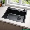 Single Bowl Kitchen Sink – Black Finish Stainless Steel with Integrated Soap Dispenser