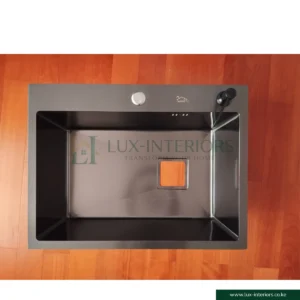 Single Bowl Kitchen Sink – Black Finish Stainless Steel with Integrated Soap Dispenser