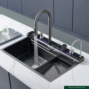 Smart Kitchen Sink – Stainless Steel Waterfall Single Bowl Workstation with Digital Display & Pull-Out Fly Rain Faucet – Multifunctional Sink